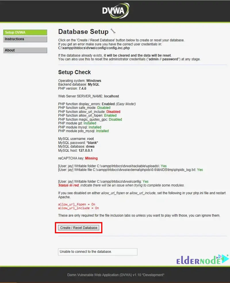 Database-DVWA-default-page-eldernode Database DVWA default page