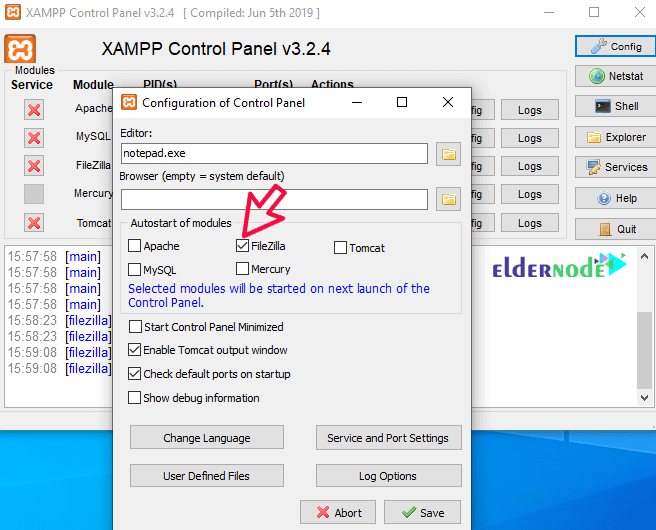 configuration-control-panel-eldernode XAMPP control panel configuration window
