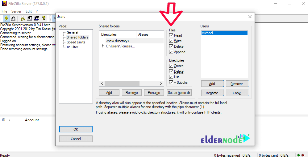 shared-folder-filezilla-server-eldernode Shared folder settings in FileZilla Server