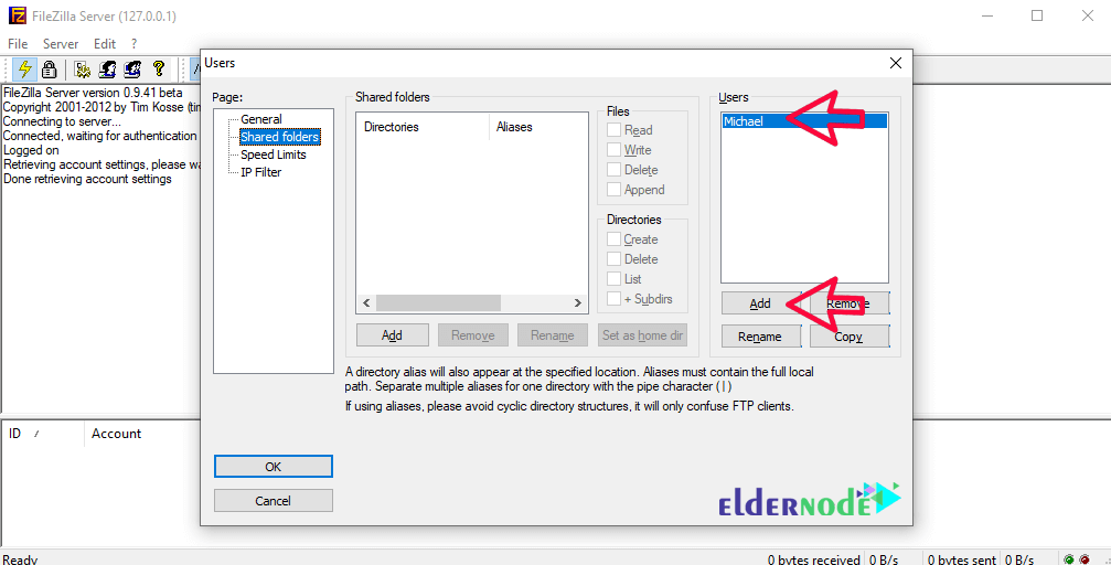 shared-folders-eldernode Shared folder settings in FileZilla Server