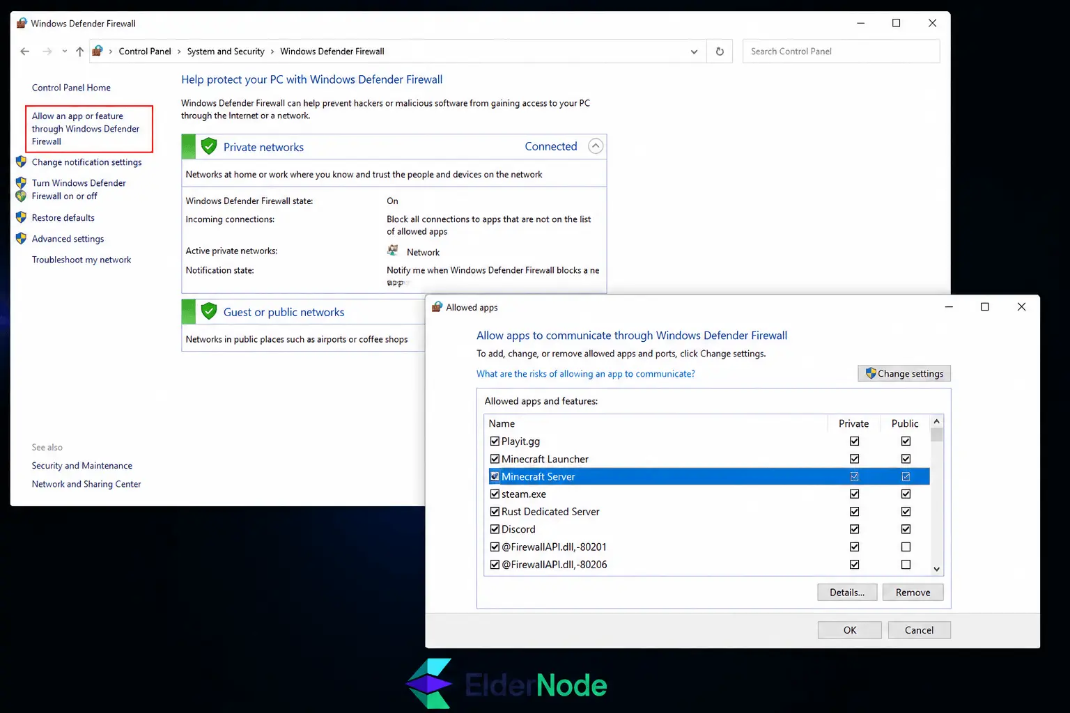 Windows Defender Firewall settings panel