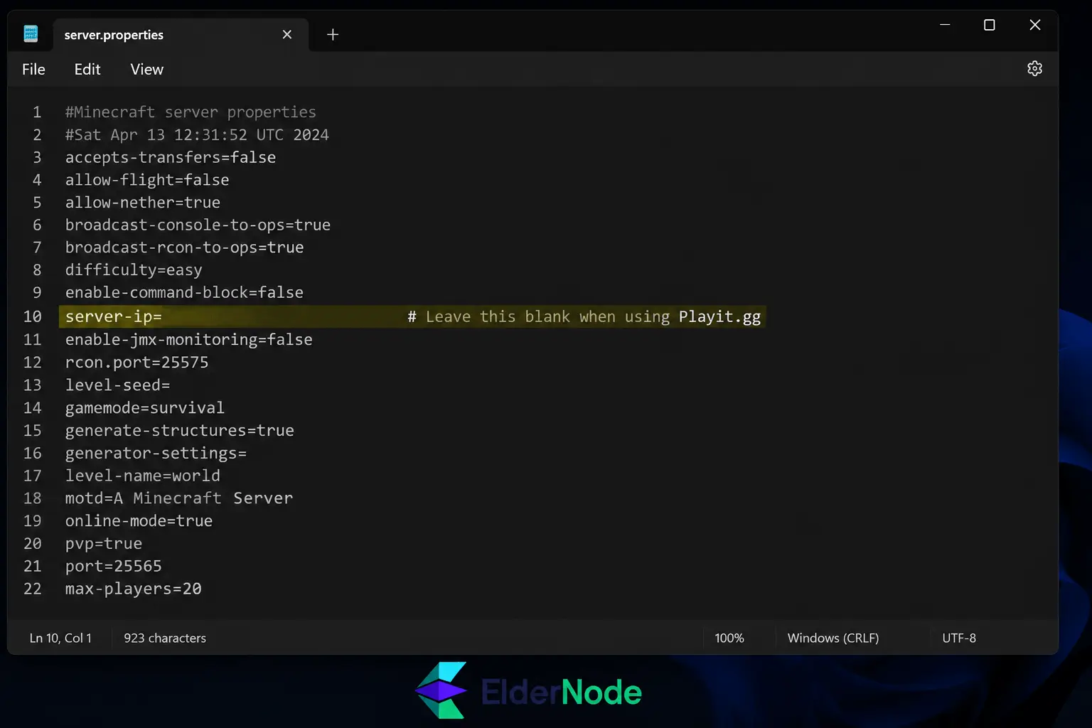 Minecraft server properties in editor