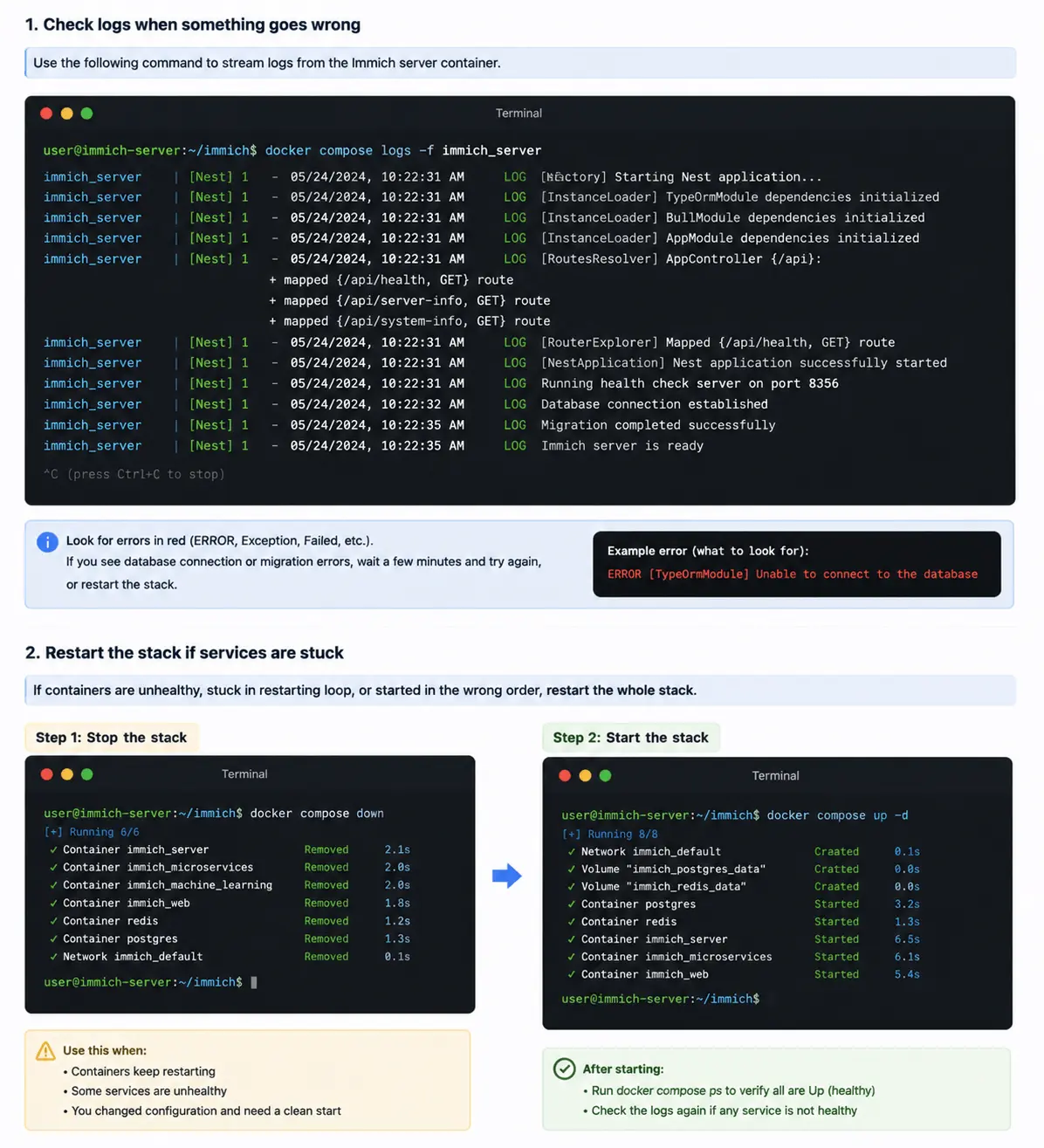 Troubleshooting Immich server