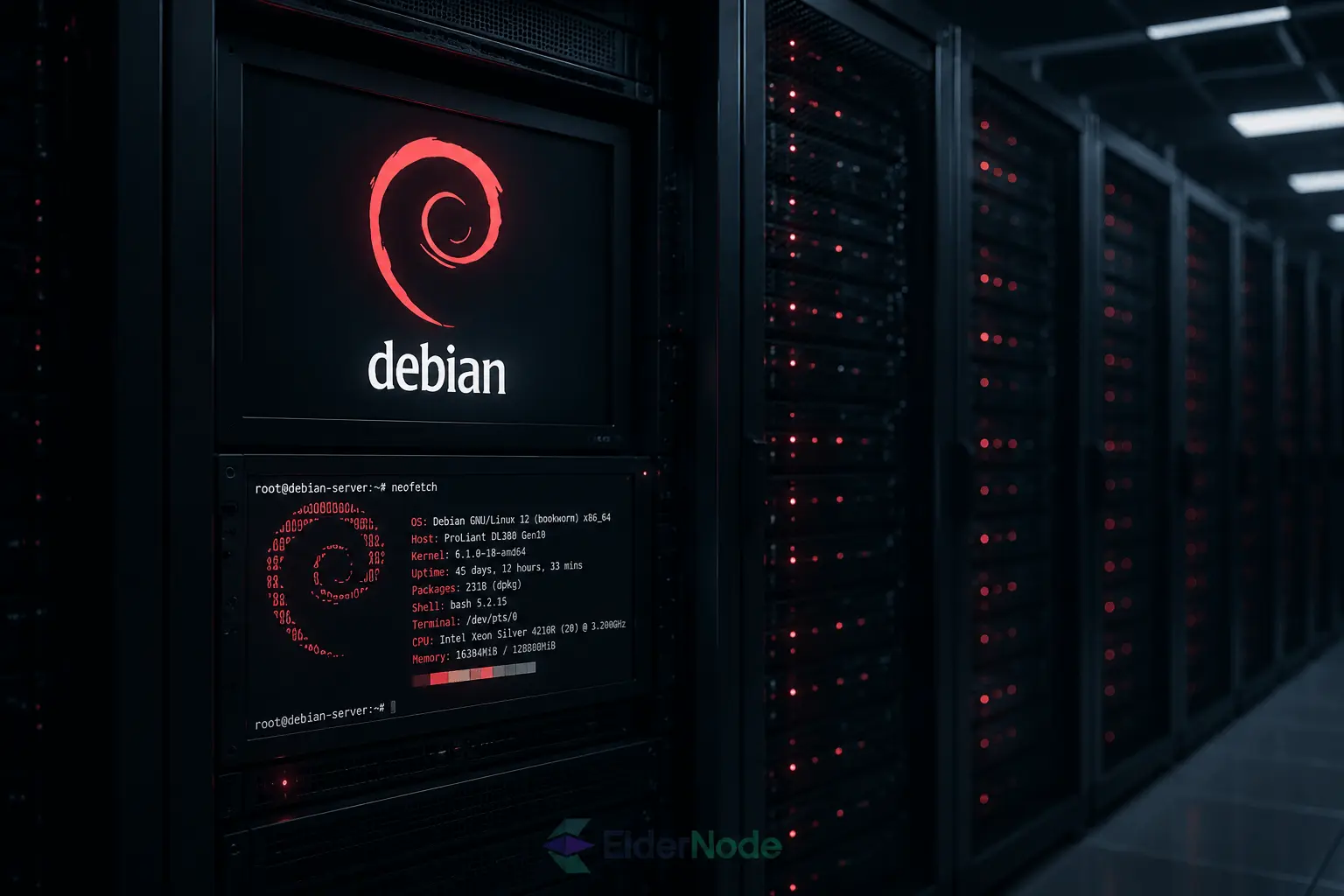 Debian server room in focus