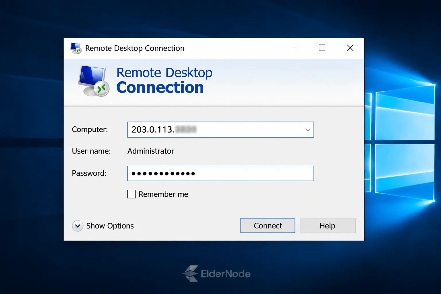 Remote Desktop Connection setup screen