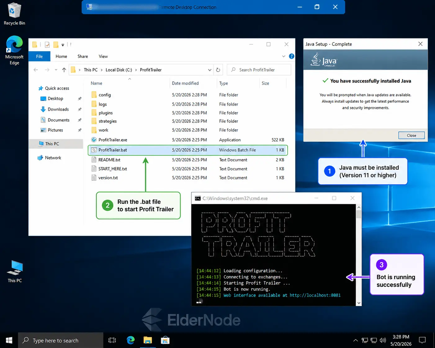 Windows VPS desktop showing Profit Trailer folder being opened with .bat file highlighted