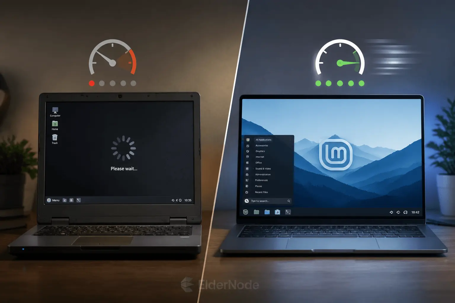 old slow laptop vs smooth modern Linux desktop performance comparison