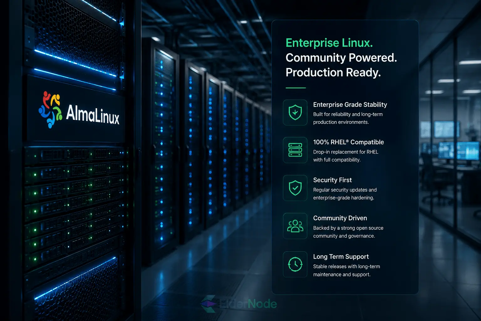 data center with AlmaLinux branding
