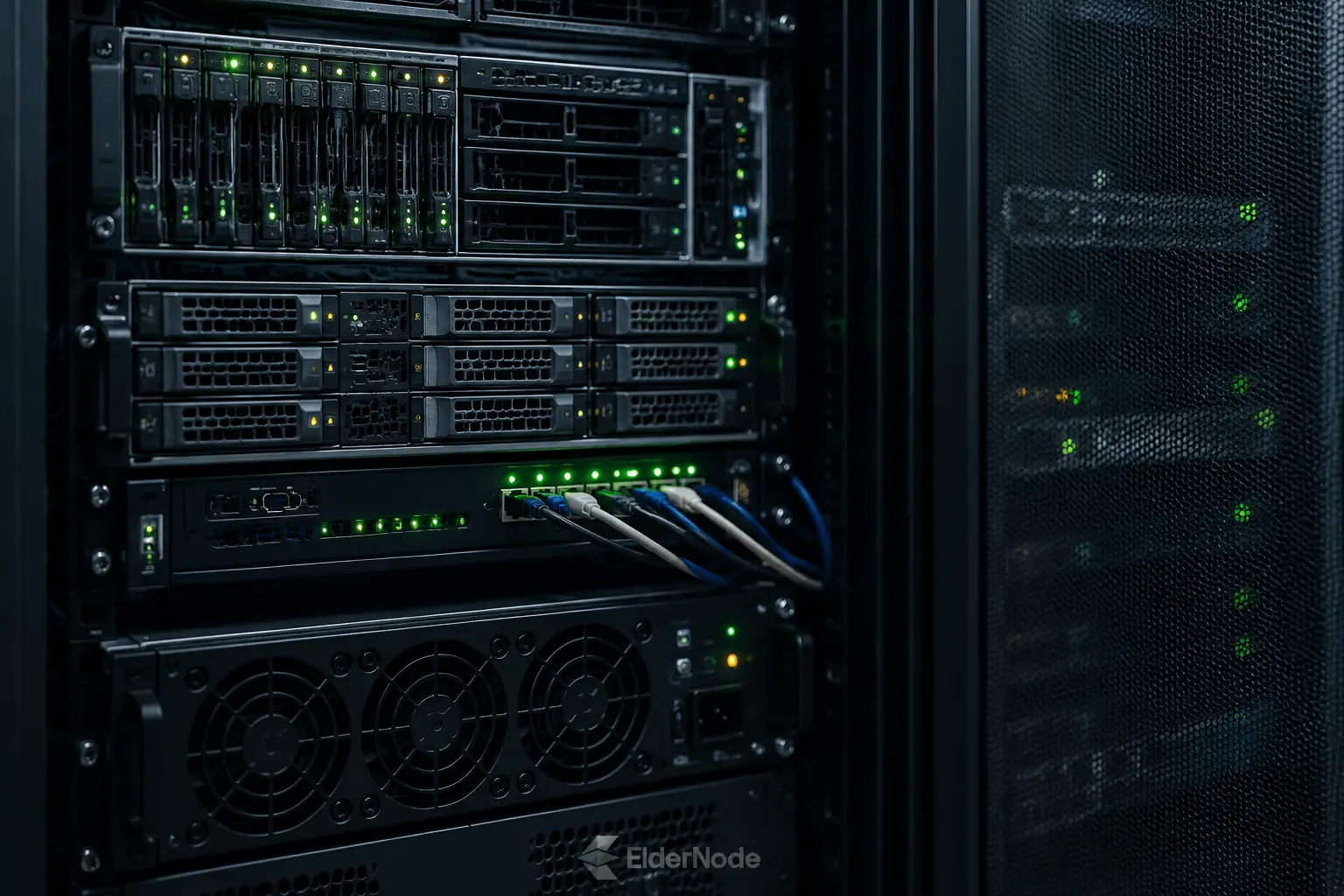 Server rack close-up with LED lights