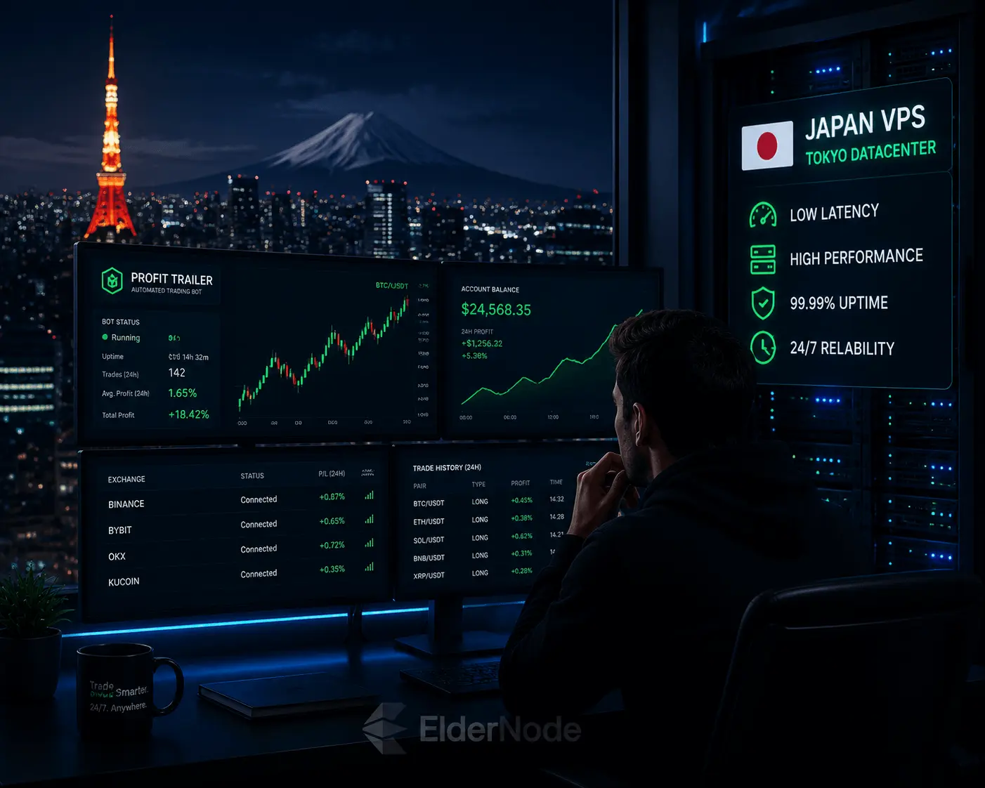 trading desk with city backdrop