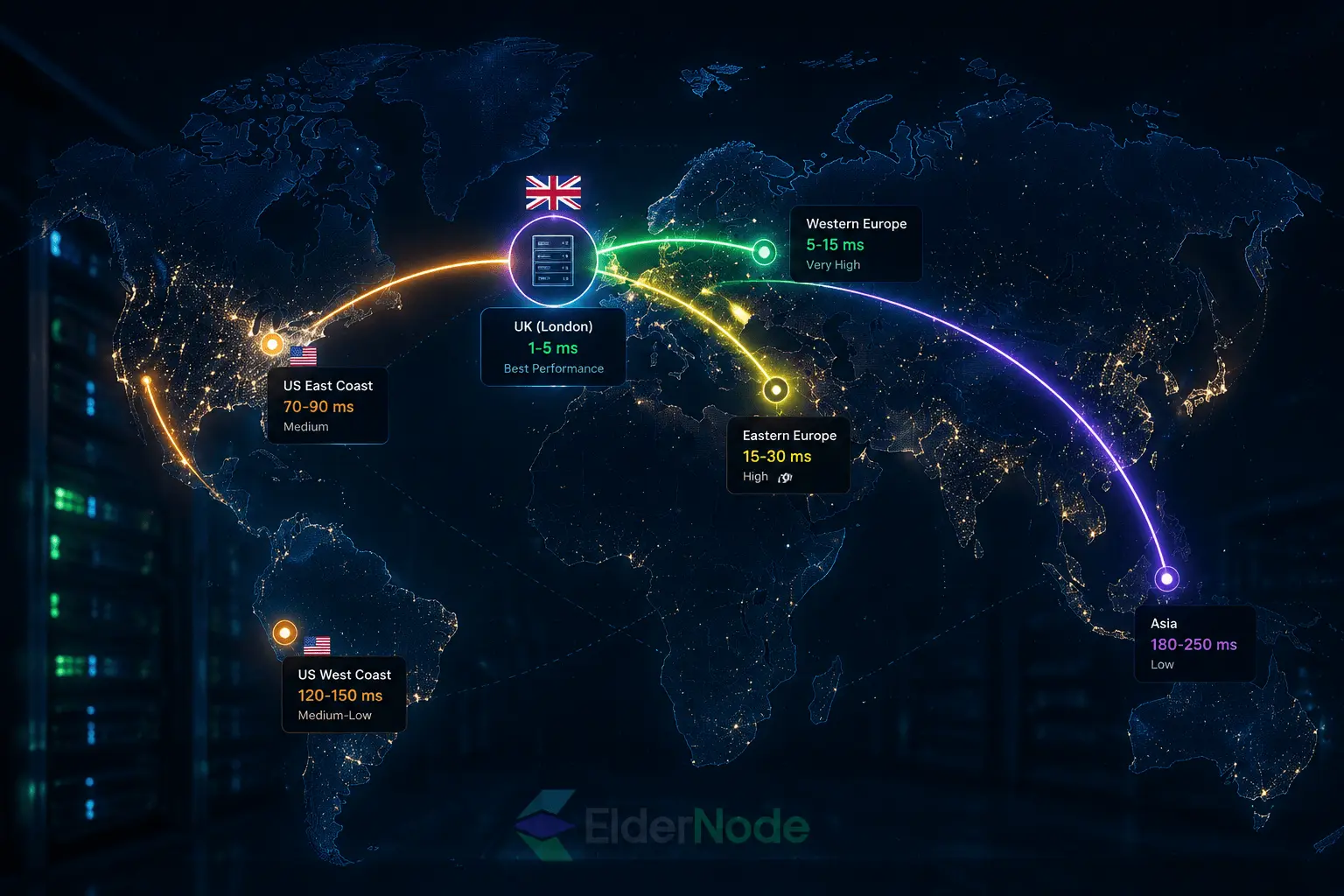 UK dedicated server global latency map showing worldwide network performance and routing