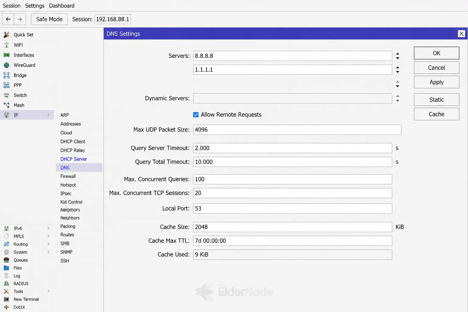 Router DNS settings configuration panel
