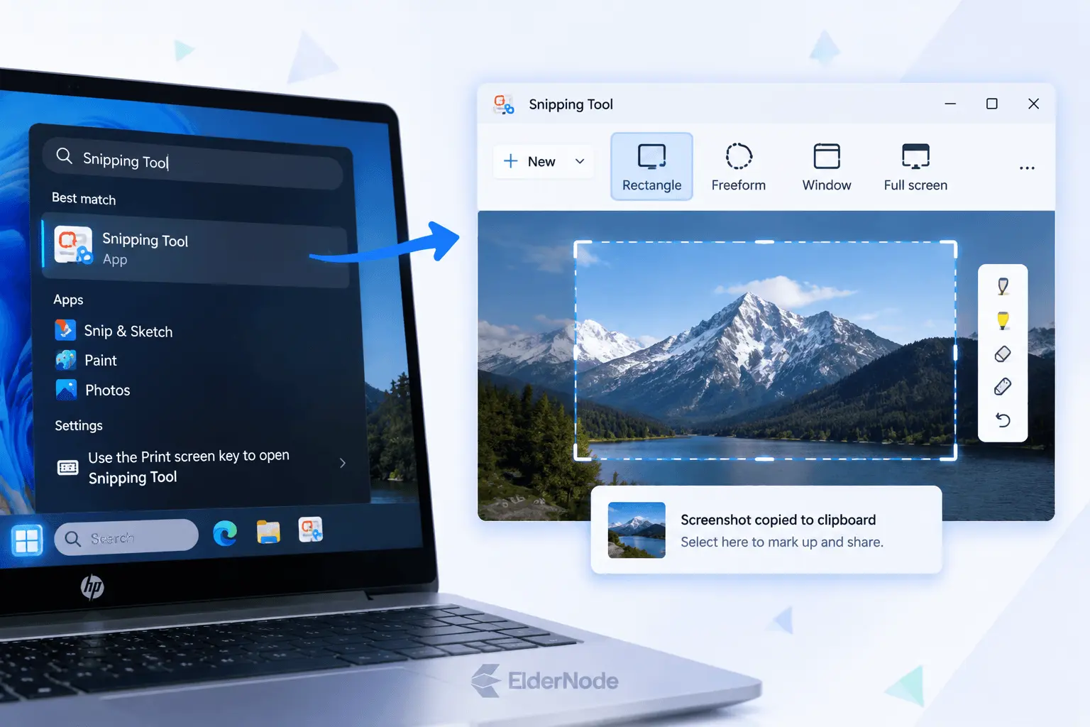 Windows Snipping Tool interface showing screenshot selection options on HP laptop