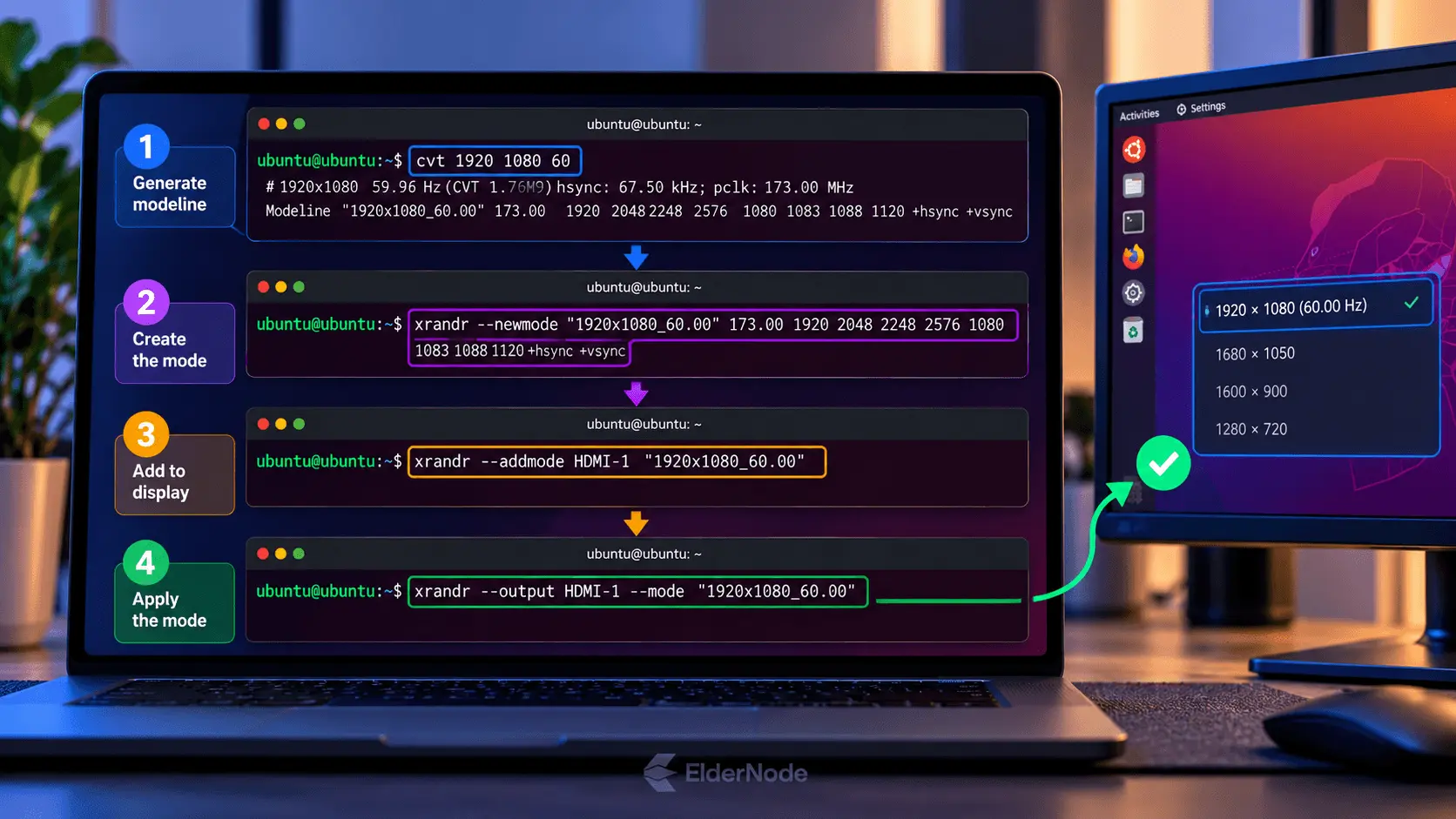 Four steps to add a custom Ubuntu screen resolution using cvt and xrandr commands