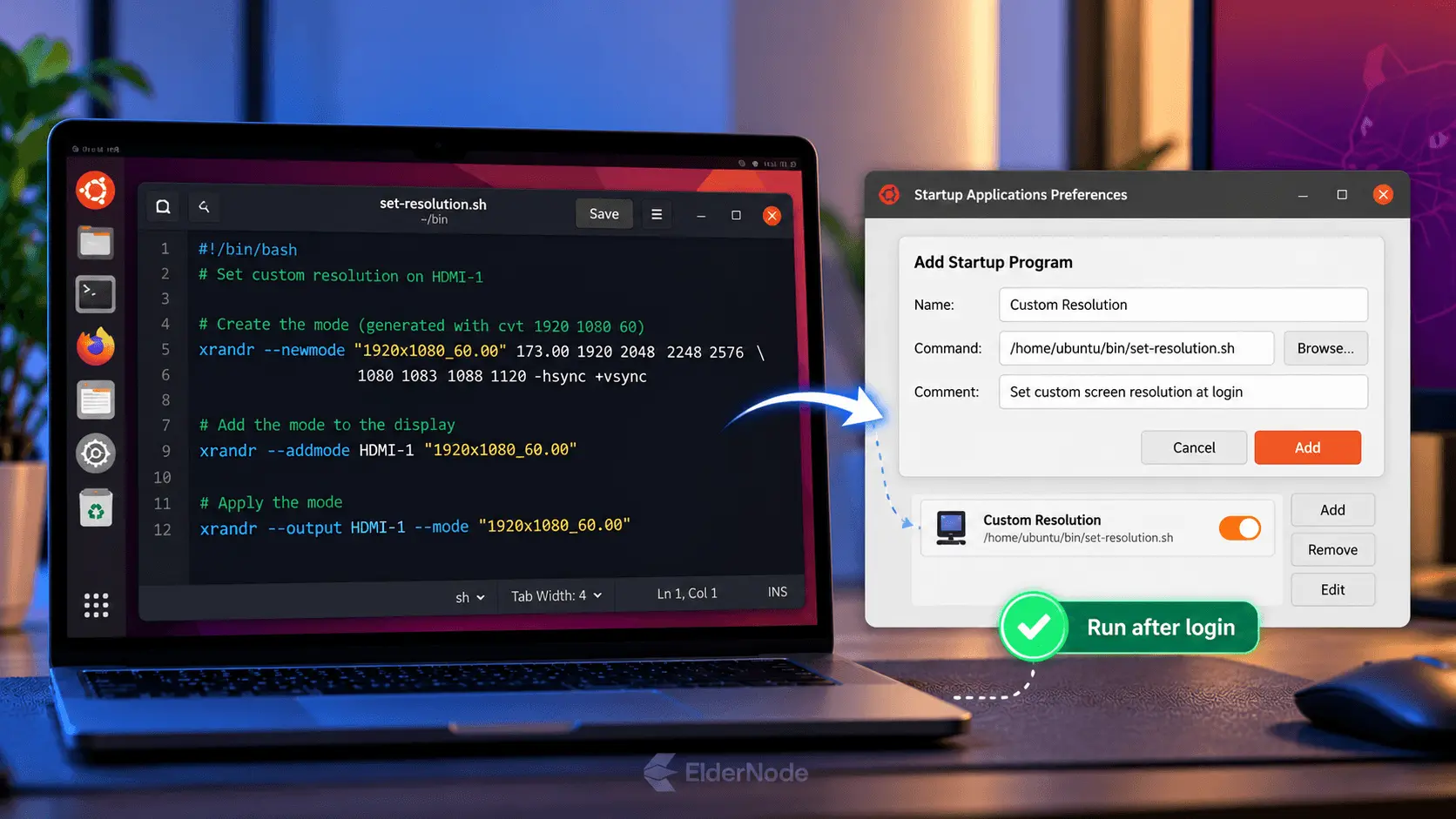 Ubuntu Startup Applications configured to run a custom xrandr resolution script after login