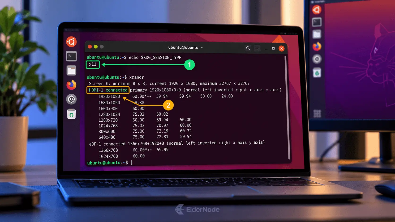 Ubuntu terminal showing Xorg session type and connected HDMI-1 display using xrandr